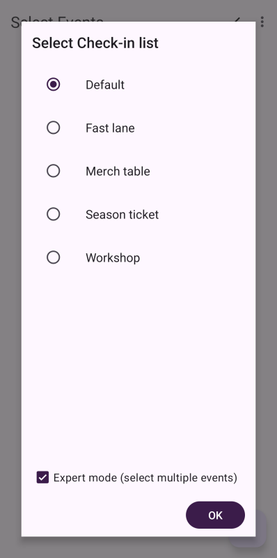 Page titled 'Select Check-in list' in pretixSCAN. The box next to 'Expert mode (select multiple events)' is checked.
