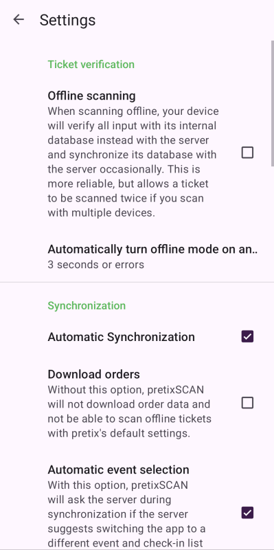 Settings page in pretixSCAN. 'Offline scanning' is disabled. 'Automatically turn offline mode on and off' is set to '3 seconds or errors'.