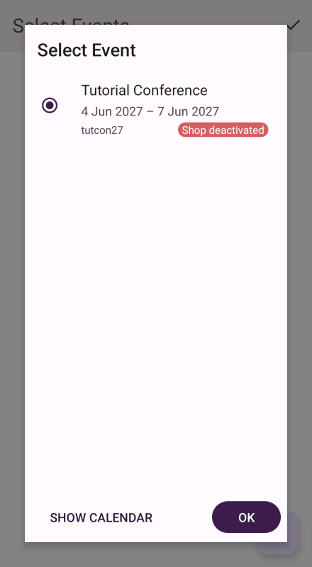Screen in pretixSCAN, asking you to choose the event for which you want to scan tickets.