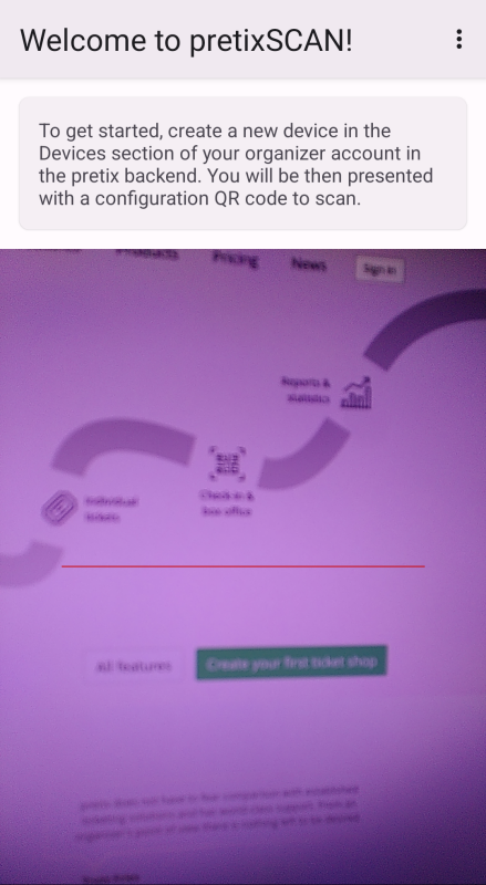 Screen titled "Welcome to pretixSCAN", asking you to connect the device to the backend.
