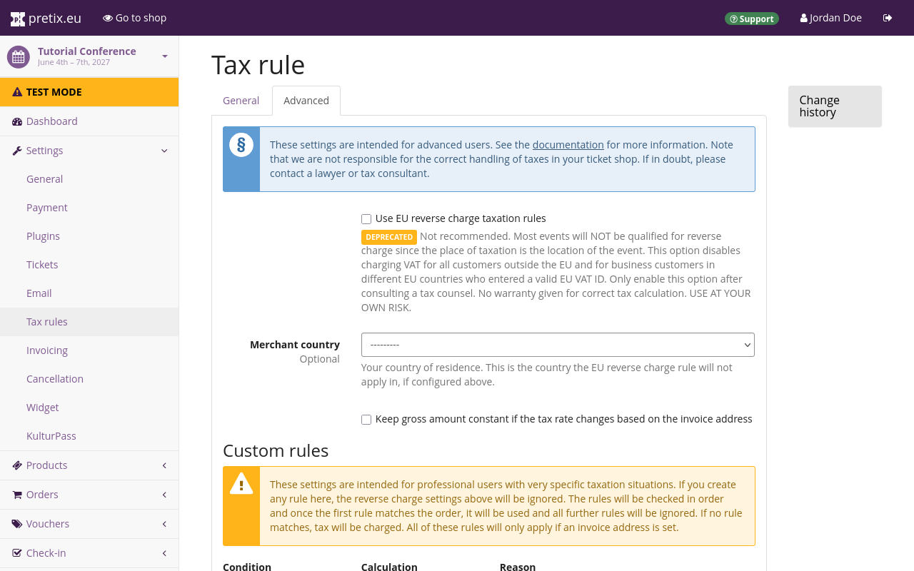 Tax rule dialog. The 'Advanced' tab is open, displaying options for EU reverse charge, merchant country, and adding new custom rules.