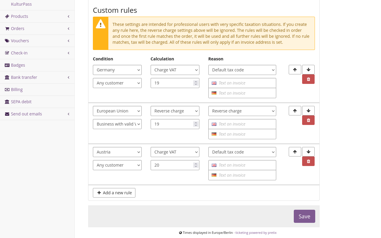 Tax rule dialog. The 'Advanced' tab is open, displaying four custom rules, as described in the paragraph below.