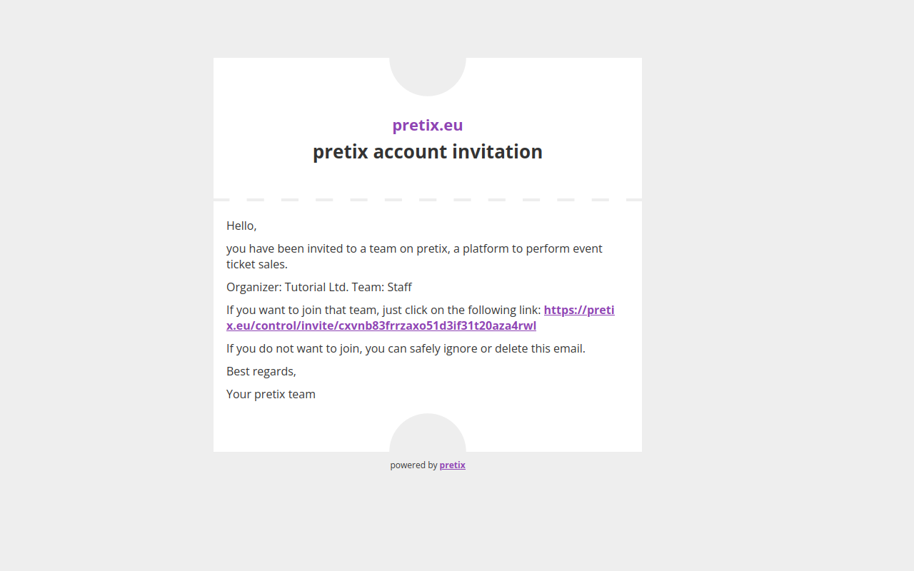 Email titled 'i-ticket account invitation', specifying the organizer Tutorial Ltd. and the team Staff, displaying a link for joining that team.